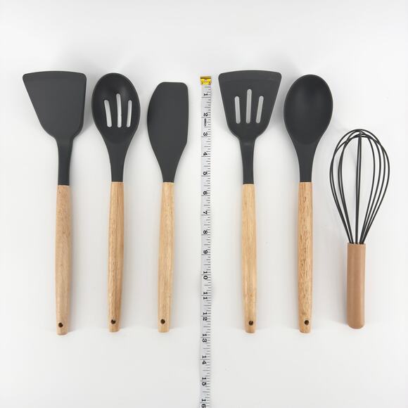 11-Piece Silicone Kitchen Utensil Set with Wooden Handles and Holder - BPA Free - Picture 3 of 9